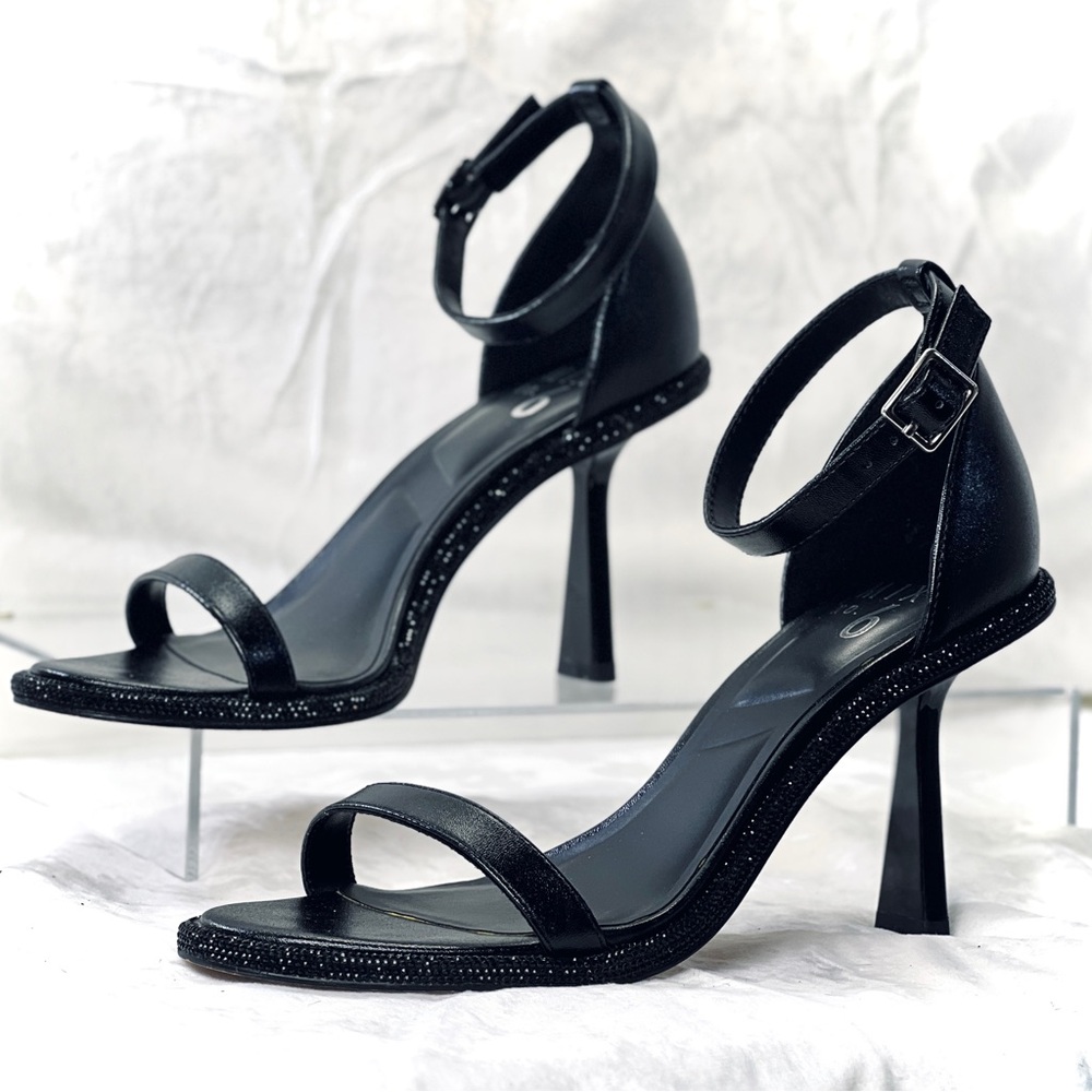 Mix No. 6 Elegant Black Leather Ankle Strap Heels with Subtle Shine Accent